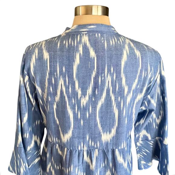 Reba Blue White Ikat Print Floral Embroidered Boho Top MEDIUM Peplum Western - Picture 6 of 10
